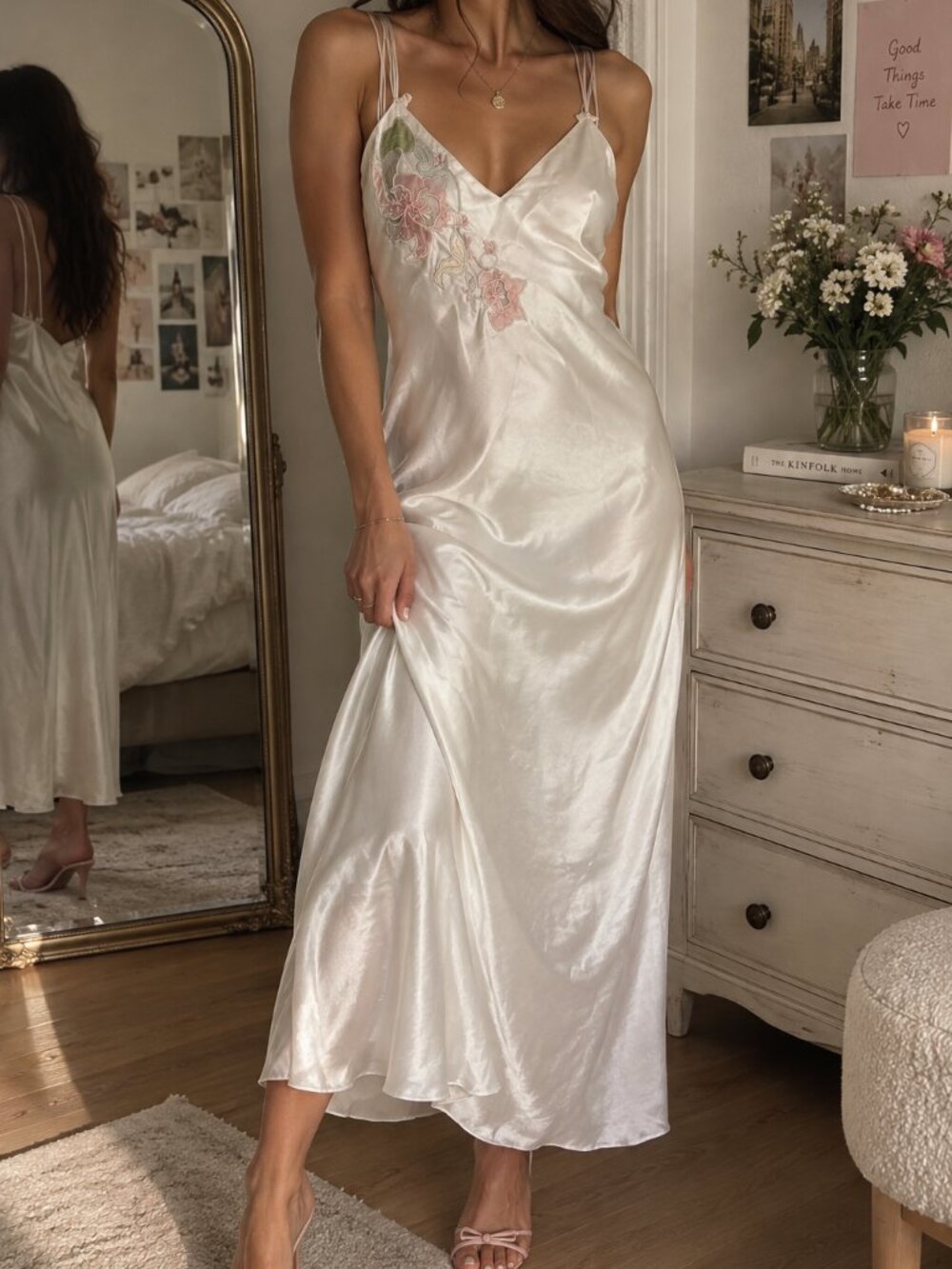 Vintage Eaton Satin Slip Dress Floral Appliqué Coquette Fairy Y2K M - Picture 1 of 9